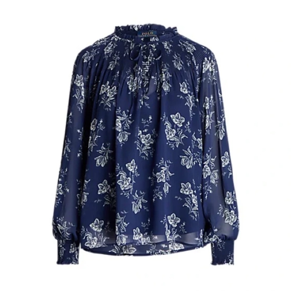 Polo by Ralph Lauren Blue and White sheer crinkled blouse smocked S RL